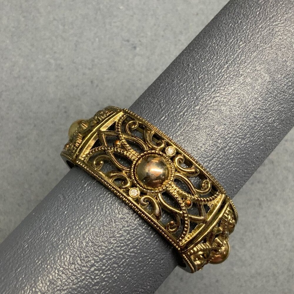 Vintage Stretch Bracelet 7 In Gold Scroll Rhinestone Copper Dome Swirl Bling - Picture 3 of 6